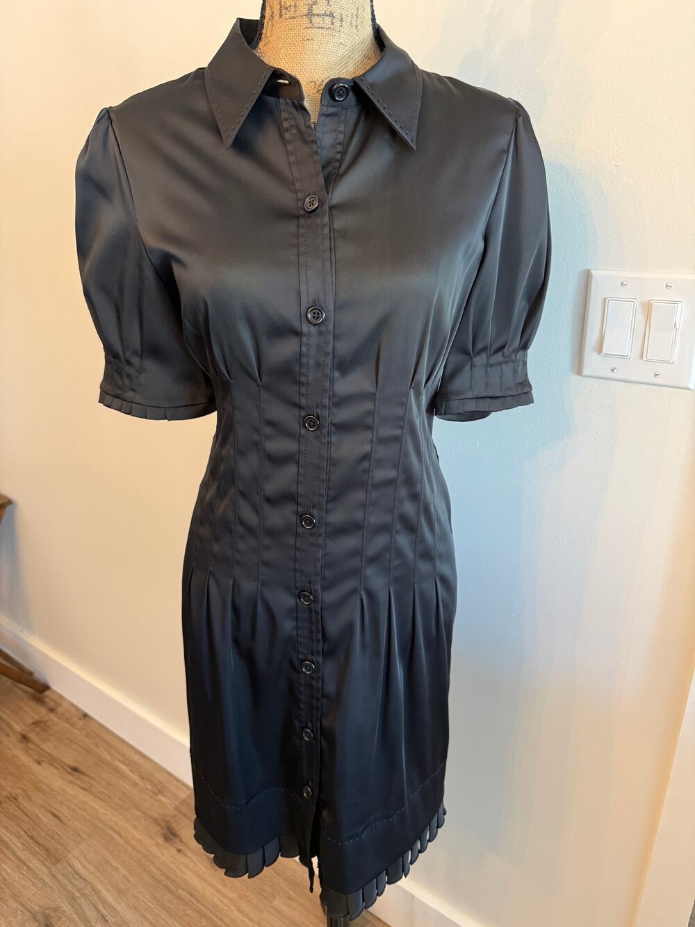 Phoebe Couture Black Pleated Cocktail Dress Button Front Size 12
